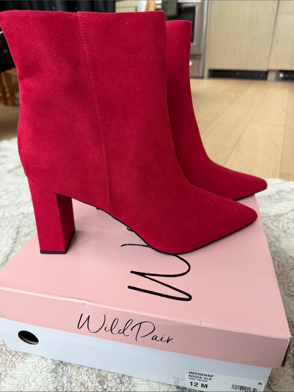 Wild Pair Red Suede Pointed Toe Block Heel Ankle Booties